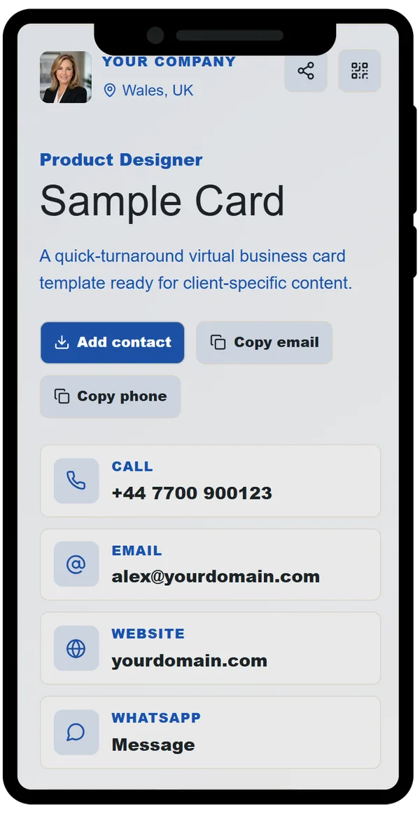 Digital business card shown on a phone